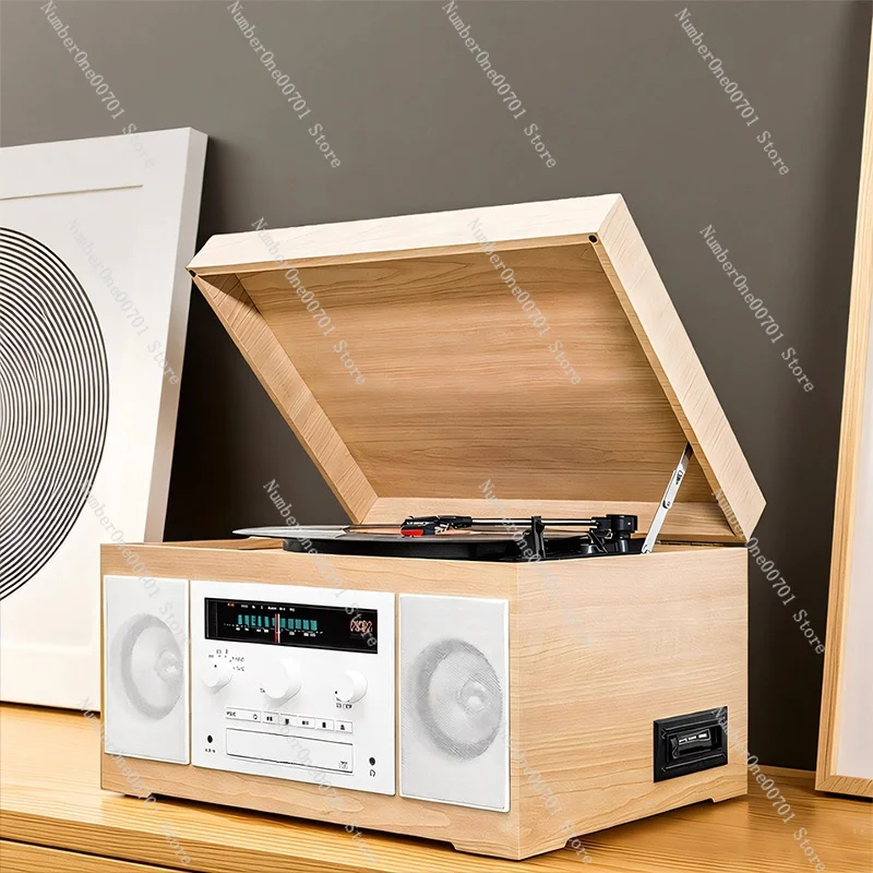 Vintage Record Player with Bluetooth, CD Cassette Turntable All-in-One Stereo System, FM Radio & Audio Input for Home