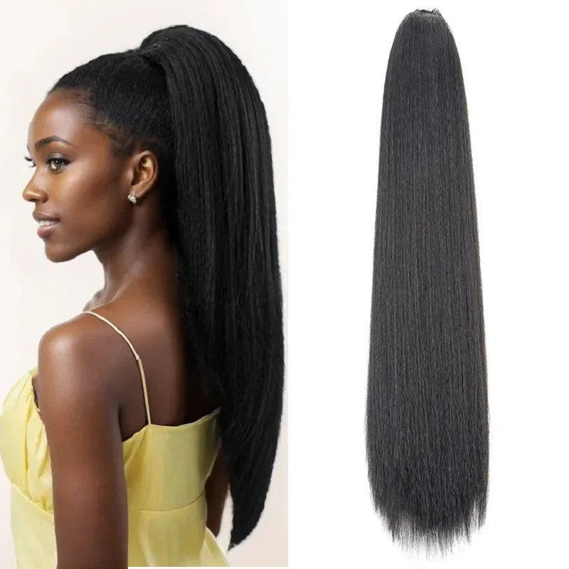 22Inch Synthetic Long Yaki Straight Ponytail Drawstring Clip in Hair Extension Fluffy Black Hair for Women