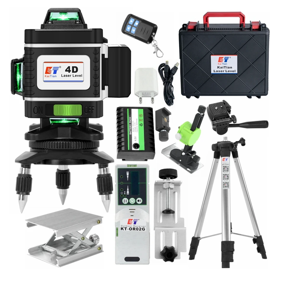 Kaitian-laser Nível Tripé com Feixe Verde Cruz 16 Linhas Bateria 4d Auto-nivelamento Vertical e Horizontal Laser Nível Receiver 360