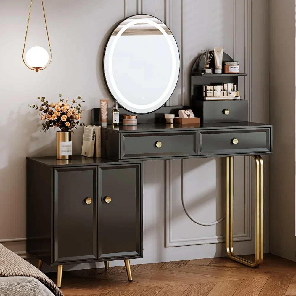 

Black Modern Vanity Desk,Retractable Makeup Vanity,with LDE Mirror and 2 Spacious Drawers,Makeup Desk with Cabinet