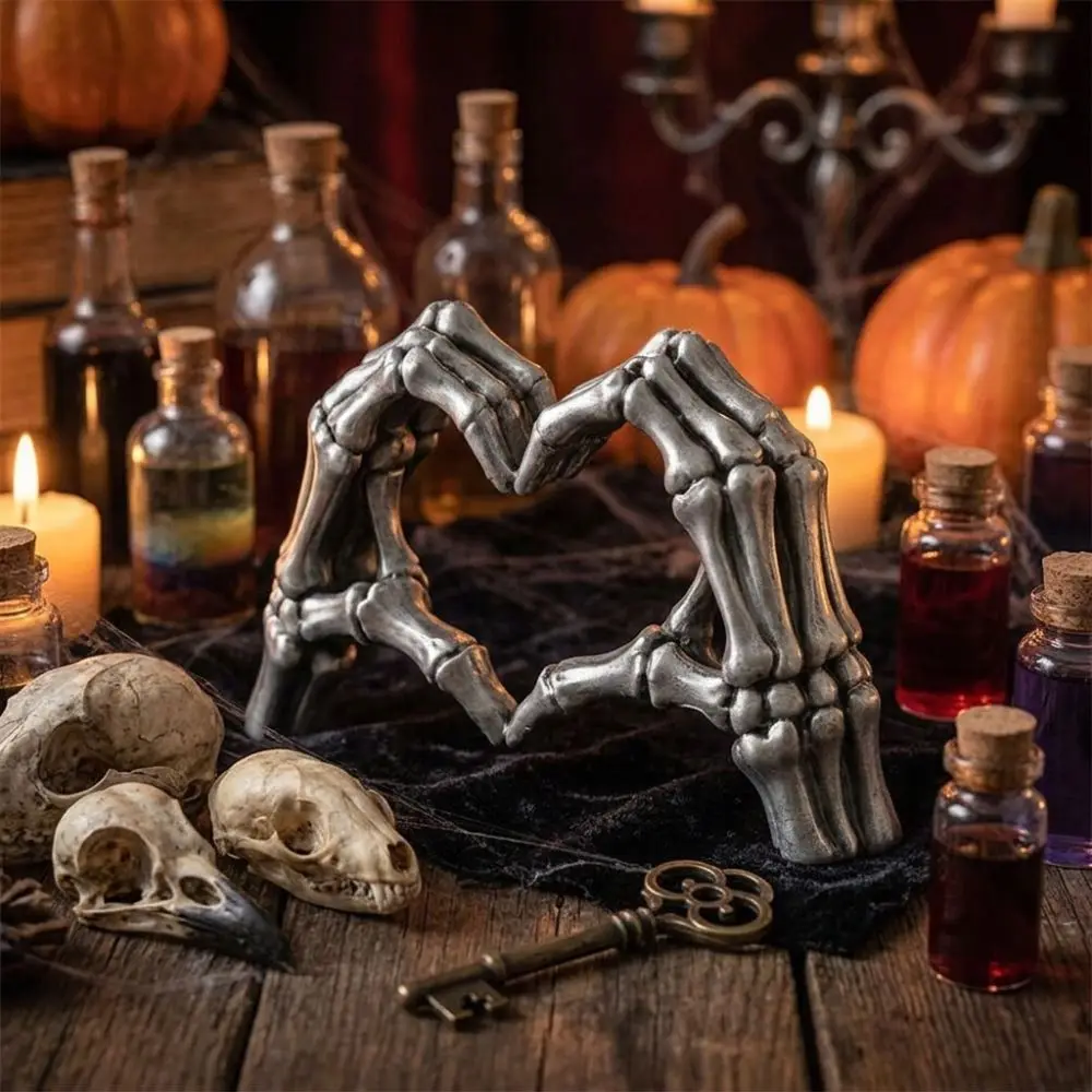 3D-Printed Halloween Skeleton Hand Heart Figurine Realistic Gothic Skull Finger Heart Statue Romantic Spooky