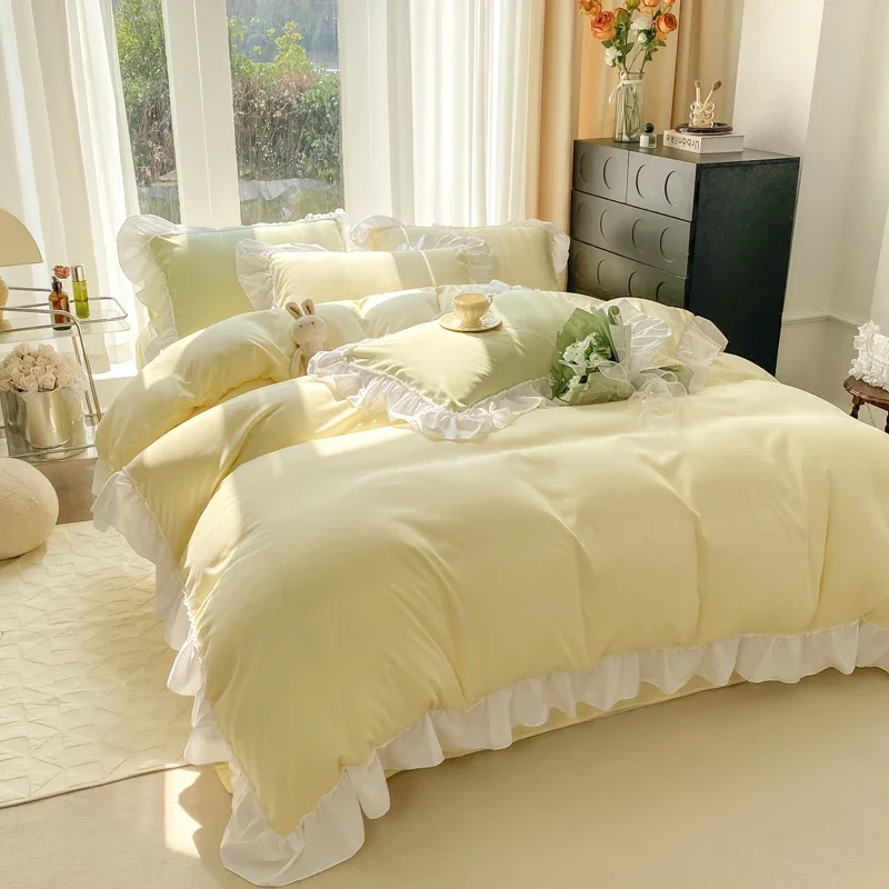 Chic Ruffle Lace Duvet Cover Set for Girl Yellow Princess Comforter Cover 3 Piece Bedding with Zipper Closure Soft Bedroom Decor