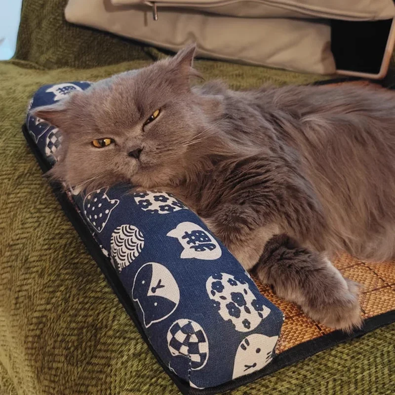 القط الطبيعي التبريد حصيرة الصيف الحيوانات الأليفة لوحة التبريد الذاتي سرير للقطط حصيرة للكلاب داخلي الروطان نسج حصيرة النوم سرير قطة #4