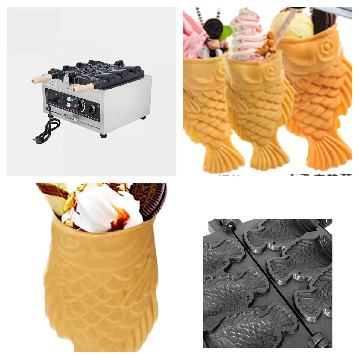 

Commercial Janapese Open Mouth 3 Pcs Fishes Shape Waflle Machine Fish Ice Cream Taiyaki Non-stick Stainless Steel Waffle Maker