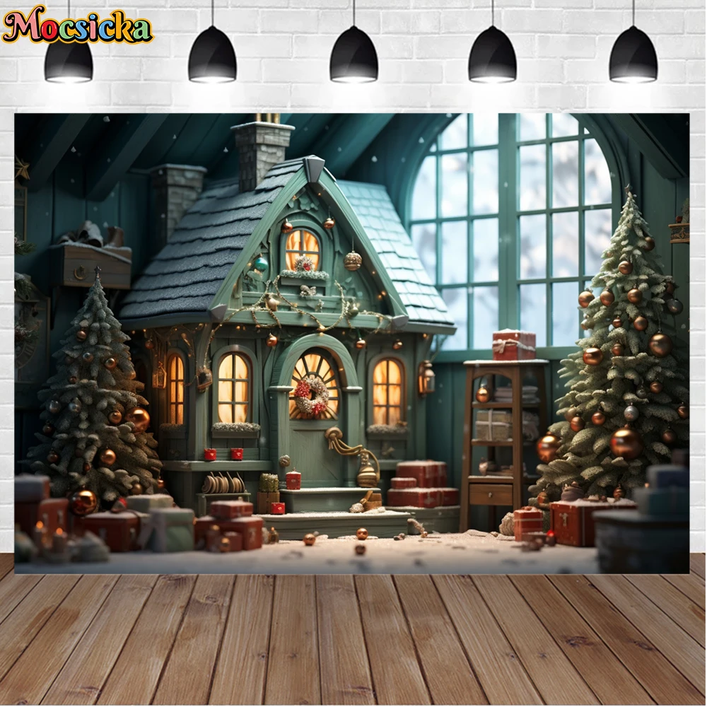 모시카 겨울 크리스마스 사진 배경, 크리스마스 트리 다락방, 홀리데이 파티, 어린이 가족 초상화 사진 배경 스튜디오