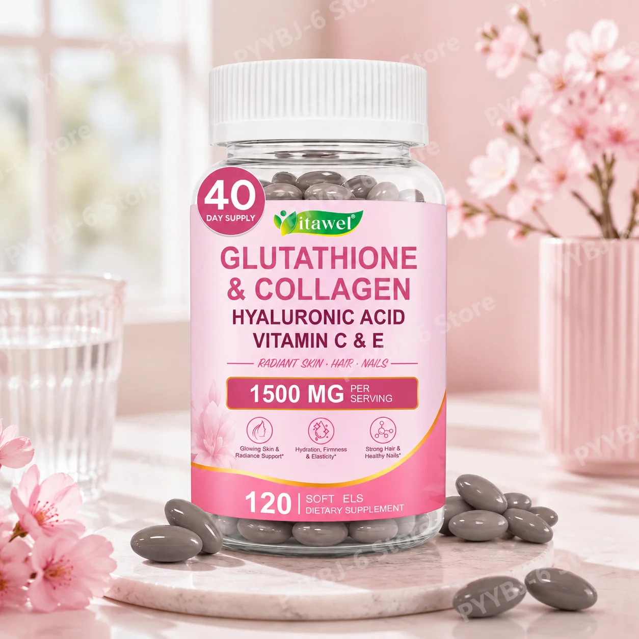 Itawel Skin Radiance Softgels - Glutathione Collagen with Vitamin C E Supports Glowing Skin Firmness & Healthy Nails 120 Pcs
