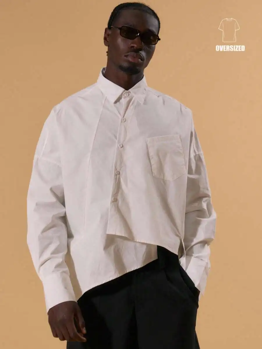 

Oversized Asymmetrical Hem Long Sleeve Button-Up Shirt with Front Pocket