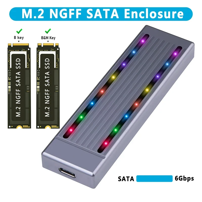 Boîtier NGFF SATA SSD avec LED RVB, USB 3.1 Gen1 vers NGFF M.2 SSD, prise en charge UASP pour 2230 2242 2260 2280 M2 SSD SATA