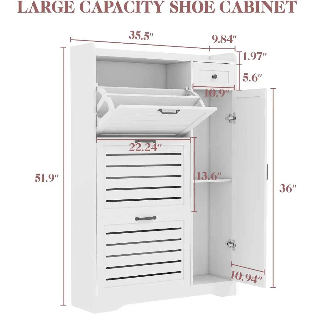 خزانة أحذية مدمجة مع 3 أدراج قابلة للطي، وأرفف قابلة للتعديل، ورف أحذية بباب لتنظيم المدخل والخزانة