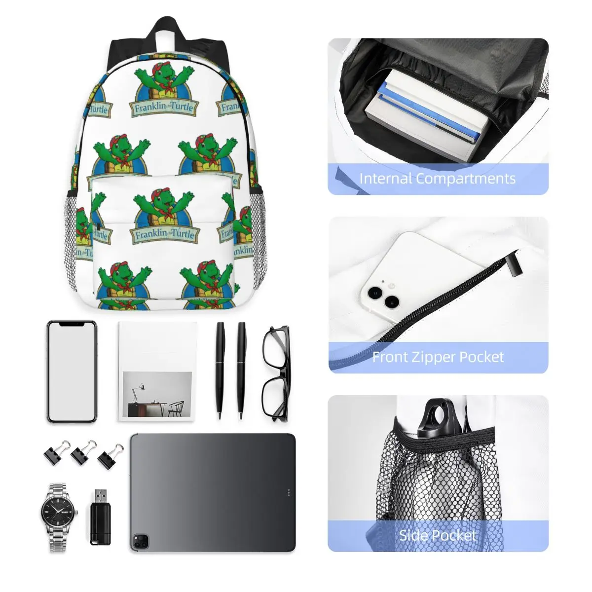 Vintage Franklin The Turtle Backpack Hot Sale Daypack Large Capacity Boys Girls BookBag Shoulder Bags for Men Women School Bag