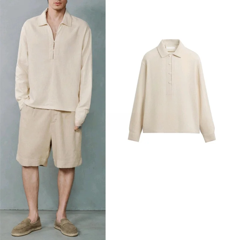 

New Summer Men's irt Long Sve Cotton Texture irt Casual Sle Stand Fit Polyester Fiber Breathable Skin-Friendly