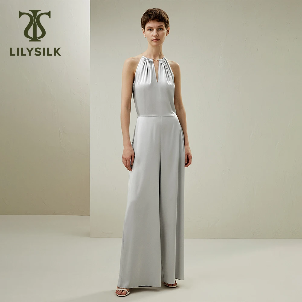 LILYSILK Silk Halter Jumpsuit for Women 2024 Spring New 19 Momme Elastics Waist Chain Deco Wide Leg Party Clothing Free Shipping