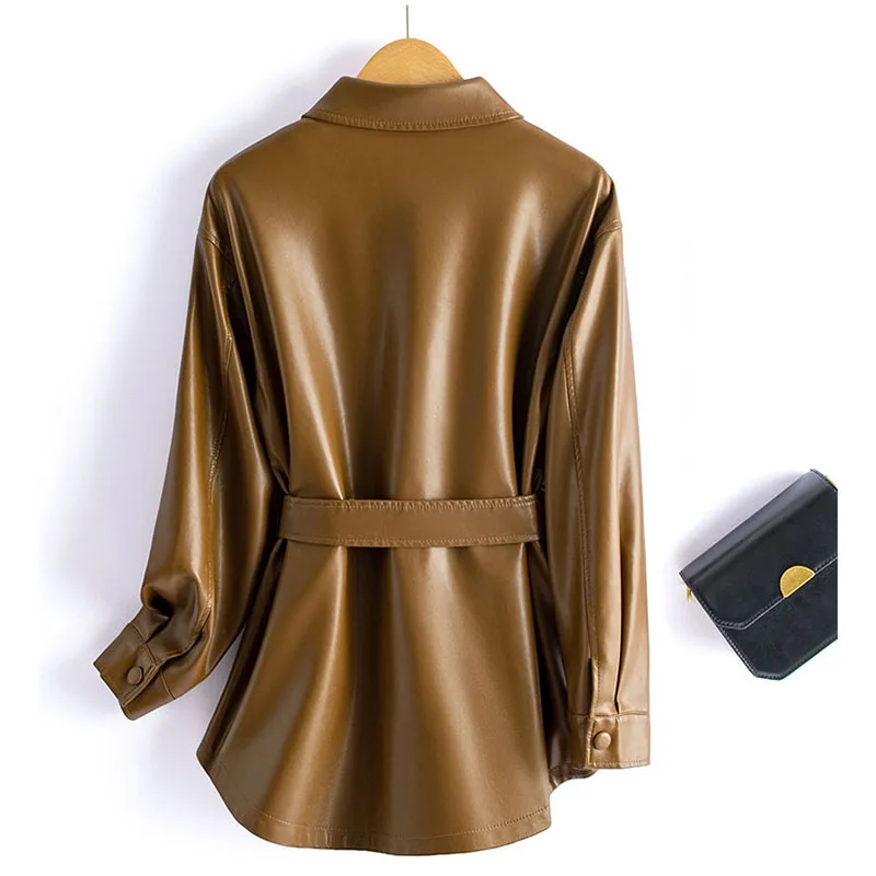 New Formal Leather Jacket Womens Autumn Korean Mid-length Slim Casual Chic Coats Y2K Motorcycle PU Leather Windbreakers Overcoat