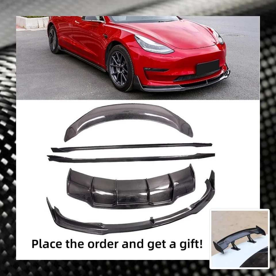 

Комплект кузова автомобиля из углеродного волокна для Tesla Model 3 2019-2021, модифицированная передняя лопата, задняя губа, хвостовое крыло, боковая юбка