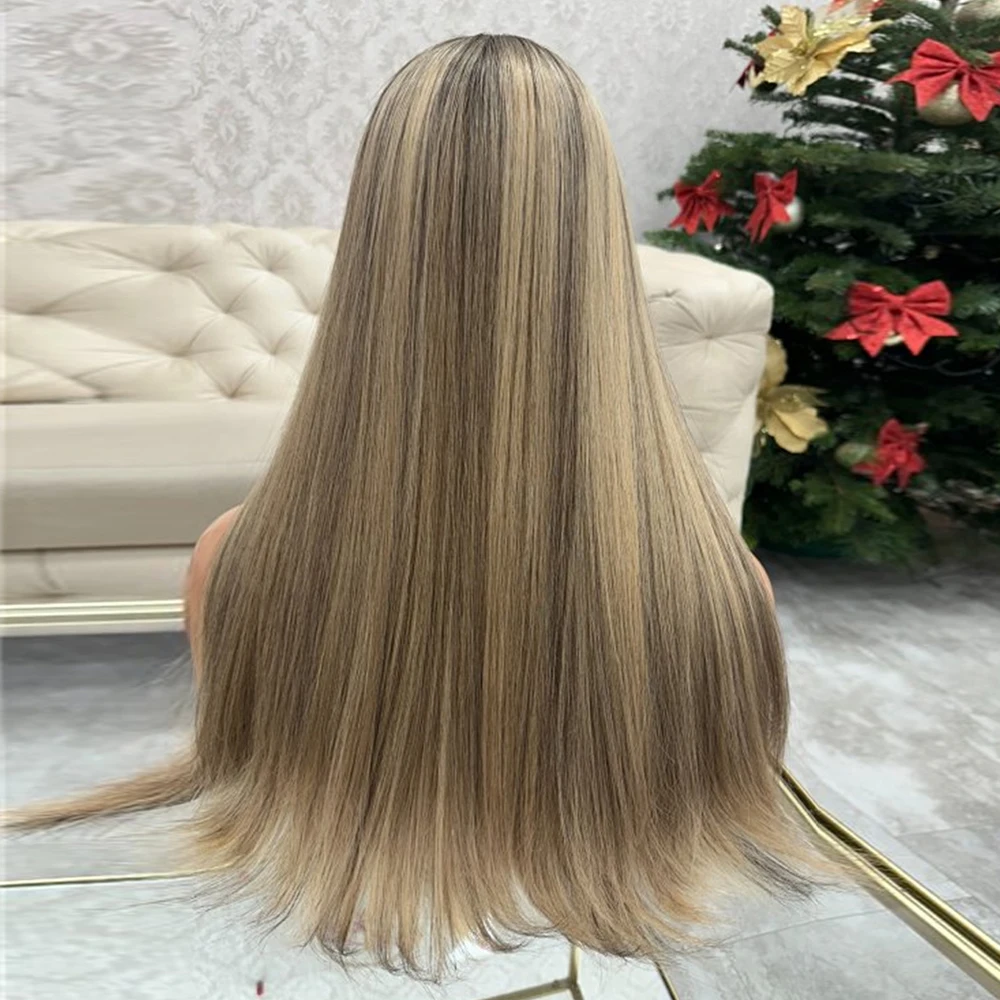 تسليط الضوء على شقراء الدانتيل شعر مستعار أمامي طويل مستقيم الاصطناعية الدانتيل الباروكات المخلوطة الشعر البشري ألياف مقاومة للحرارة الرماد شقراء الدانتيل الباروكات