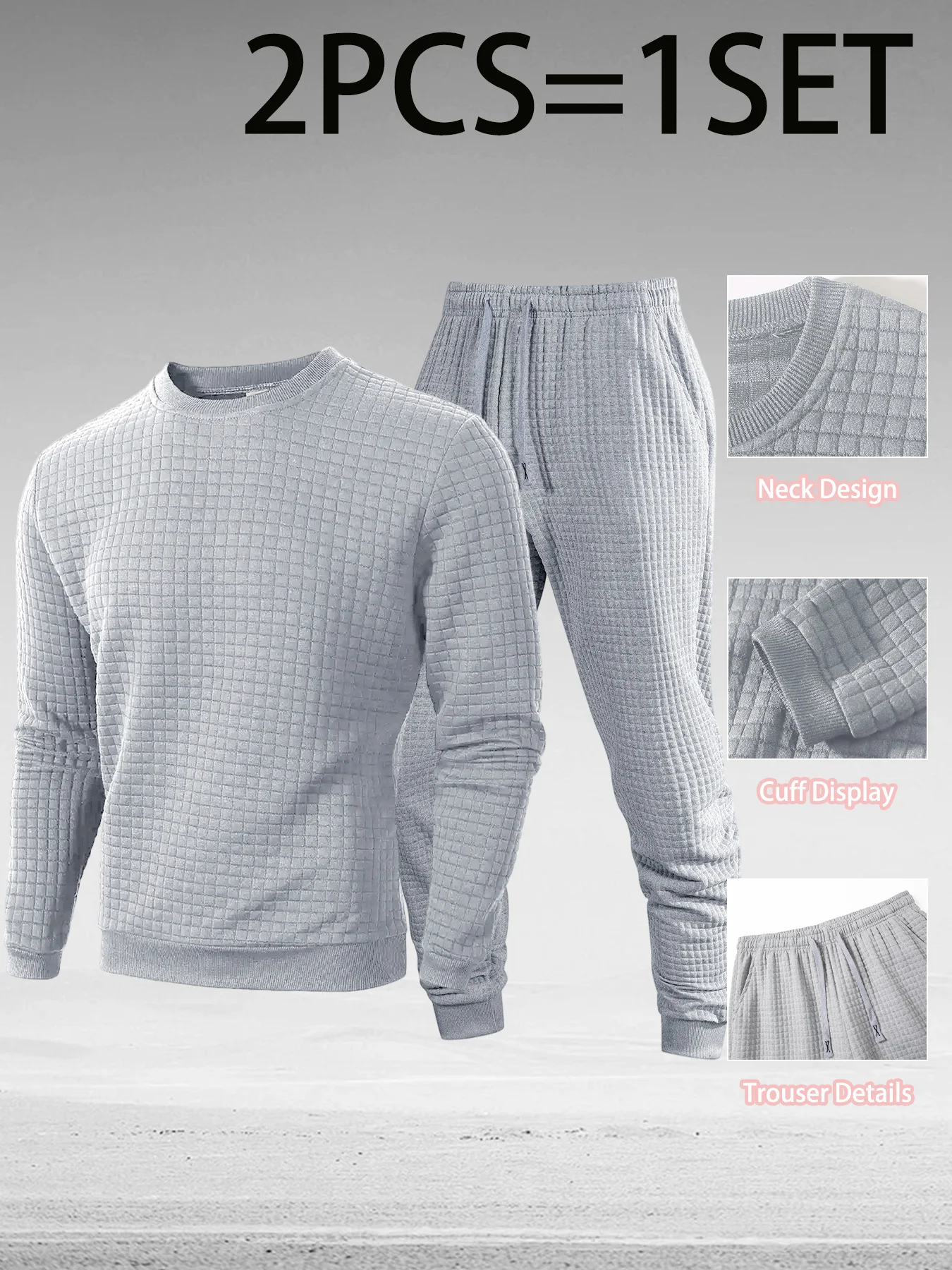 Spring And Fall Waffle Knit Two Piece Set Men Solid Color Sweatshirt Jogger Pants Matching Lounge Wear Casual Daily Wear