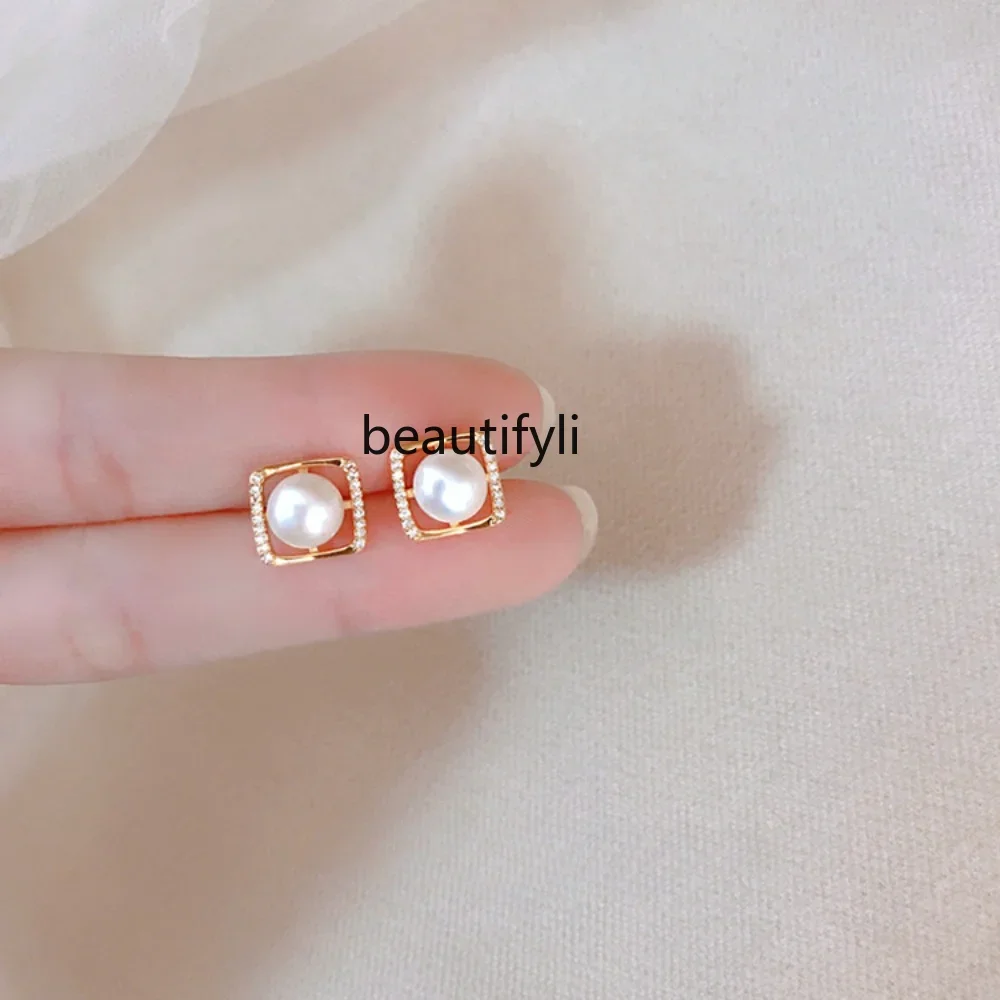 

yj Freshwater Pearl Ear Studs Women's Sweet Elegance Square Rhinestone Earrings