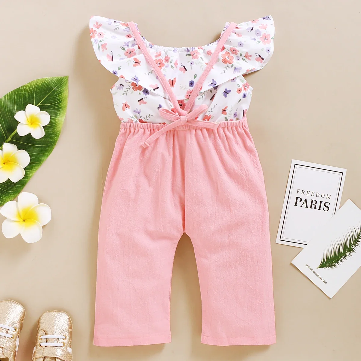 2PCS Clothes Outfit Toddler Girl Sleeveless Floral Top+Pink Strap Pants Summer Fashion Lovely Costume for Kids Girl 1-5 Years