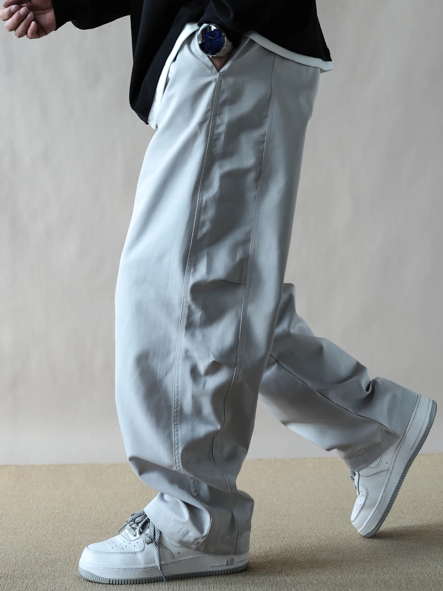 

Высококачественные повседневные мужские брюки прямого кроя, рабочая одежда, свободные драпированные брюки, универсальные, бежевые, весна-осень, большие размеры