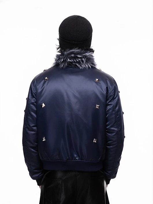 Winter American High Street Short Black Fur Collar Cotton Jacket Men's Punk Style Rivet Thickened White Navy Blue Coat