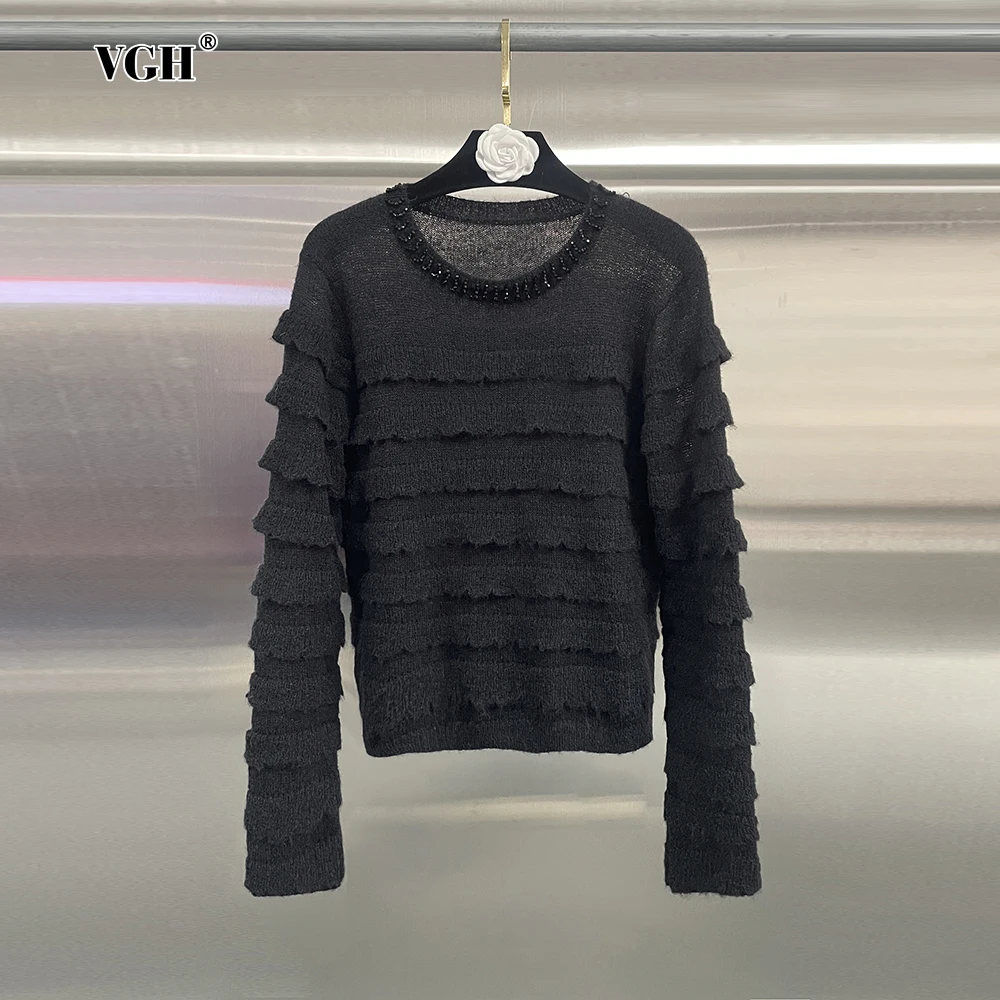 VGH Ruffle Trim Solid Sweater For Women Round Neck Long Sleeve Slimming Casual Pullover Knitwear Female Clothing 2024 New Style