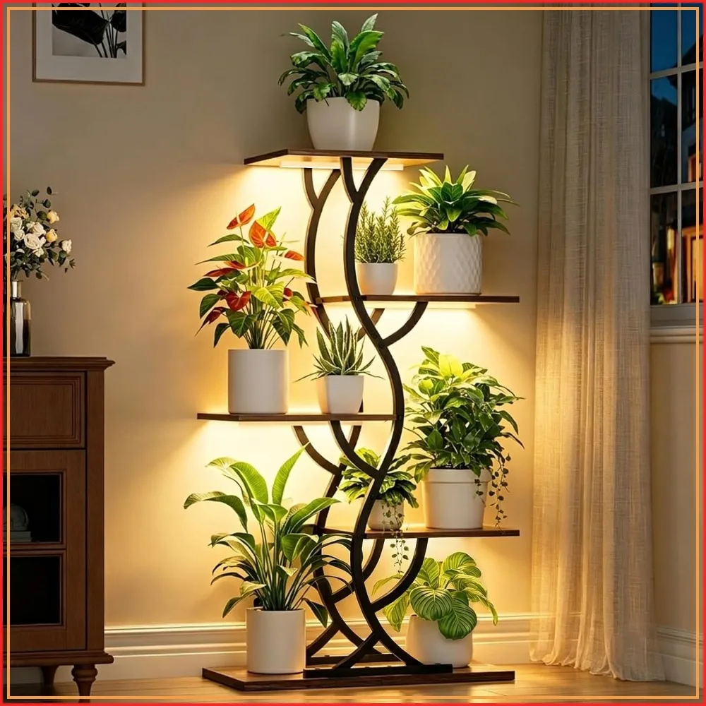 5 Tier Corner Plant Stand Indoor with Grow Lights Brown Plant Shelves