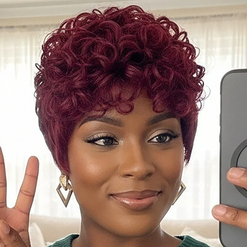 Pixie Wigs Human Hair 100% Short Curly Layered Cap Tangle Free Natural Realistic Pre Plucked Full Machine Made For Women Daily