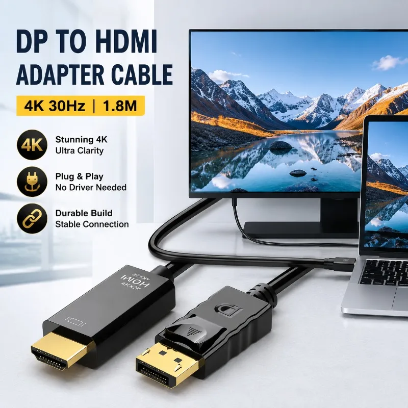DisplayPort To HDMI-Compatible Converter Cord 1.8M Gold-Plated Connector 4K30Hz Ultra HD Video Wire Packed with Practical