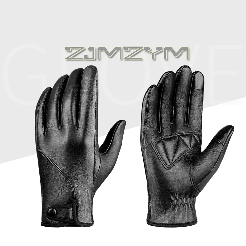 Autumn And Winter Cowhide Gloves Fleece Thickened Warm Touch Screen Gloves Anti-slip And Windproof Riding Gloves