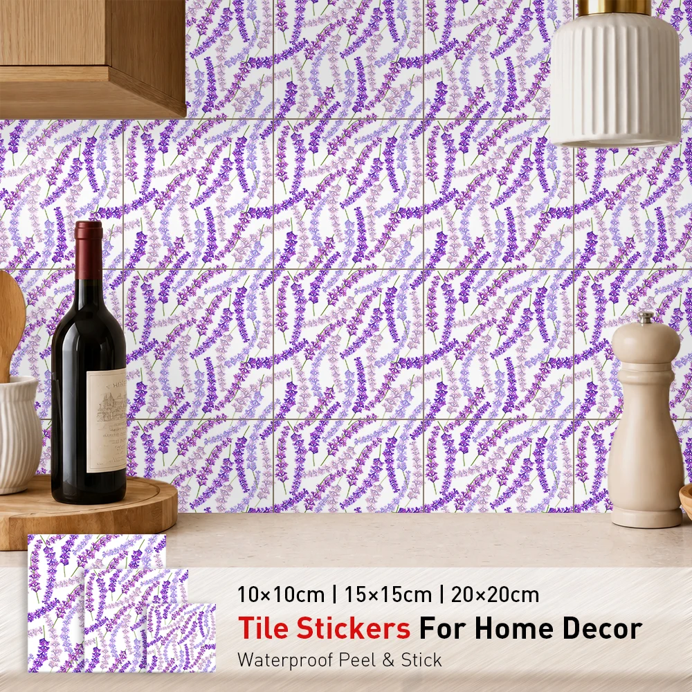 Purple Spike Tile Stickers Waterproof Peel and Stick Self Adhesive Oil Proof Backsplash Decals Floral Wallpaper for Provence Bar