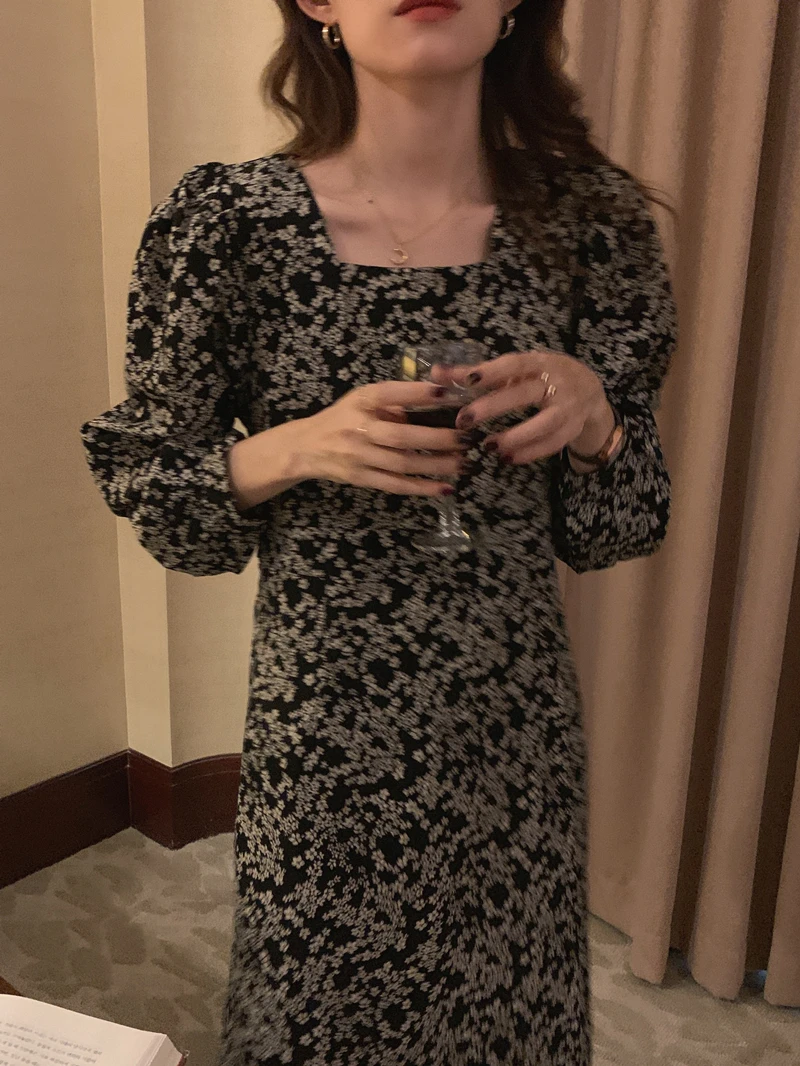 Ele Autumnal Vintage Chic Square Collar Bone Exposure Floral Slim Fit Long Sve Chiffon Dr Exuding Feni