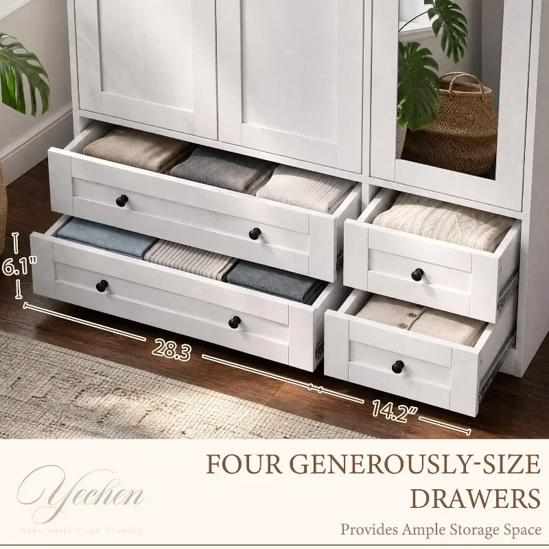 Yechen  Wooden Armoire Wardrobe Closet with Mirror and 4 Drawers, 3-Door Modern Functional Clothes Tall Storage Cabinet with 4