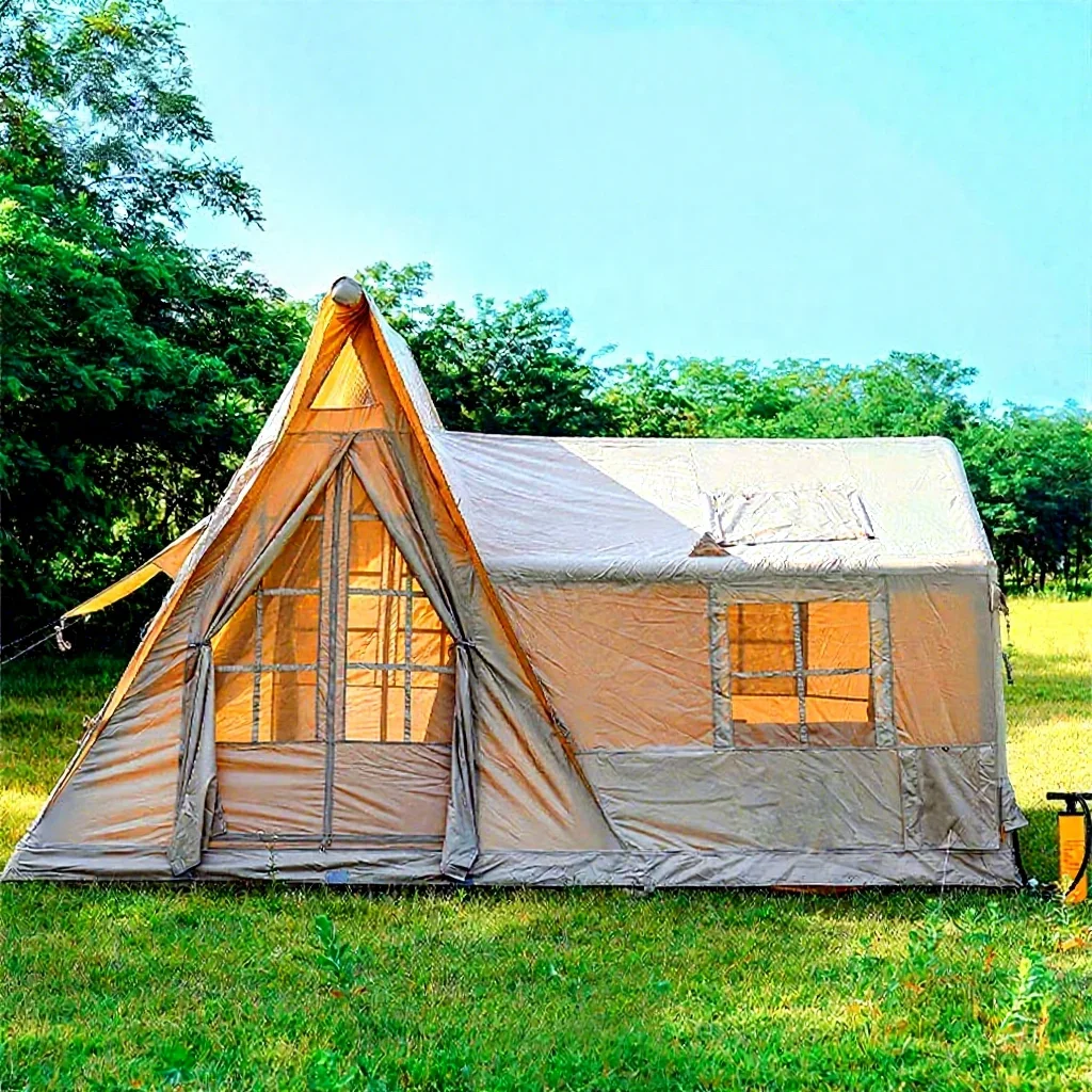 One-Room One-Living-Room Quick-Setup Cotton Canvas Four-Season Single-Layer Ridge-Inflatable Rainproof Camping Family Tent