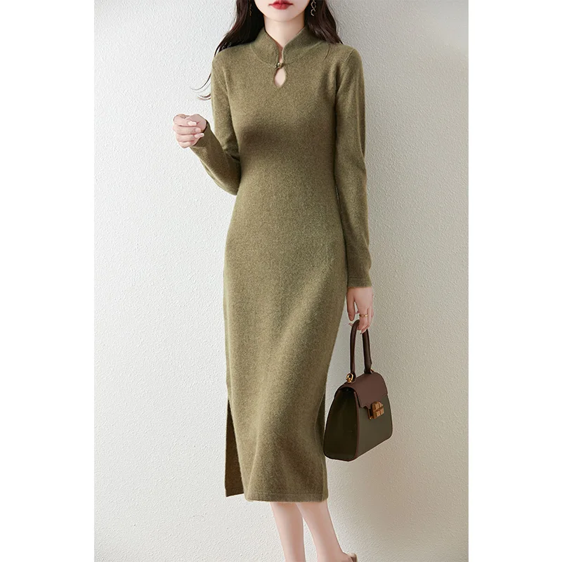 Autumn and winter stand up collar 100% wool knitted dress, women's mid to long style, waist cinched, slit and button sweater