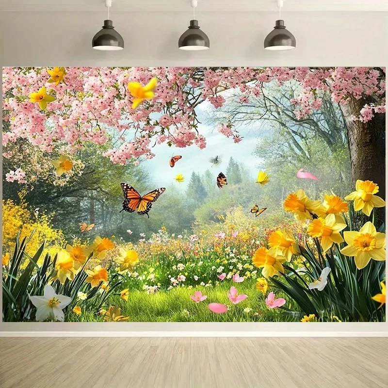 VIKAMA Spring Garden Tapestry Colorful Butterfly Daffodil Cherry Blossom Forest Nature Scenery Wall Hanging for Home Bedroom Dec