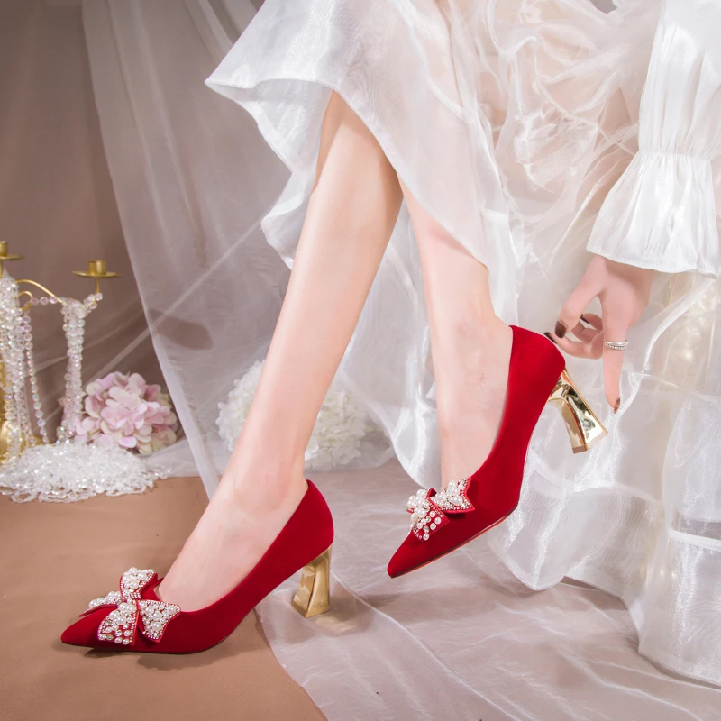 Rimocy Elegant Ladies Red Silk Wedding Bride Shoes Pearl Bowknot Pointed  Toe Pumps Women Sexy Party Dress High Heels Shoes Woman - AliExpress 322