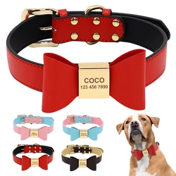 Custom PU Leather Dog Collar Soft Bowknot Pet Collars Engraved Name Puppy Cat Necklace Anti-lost for Small Medium Large Dogs Pug