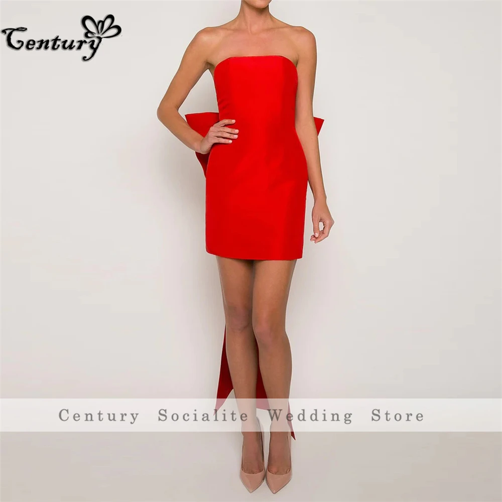 Red Prom Dress Short with Detachable Bow Strapless Satin Evening Party Gowns Mini Formal Wear Robe De Soiree Customized