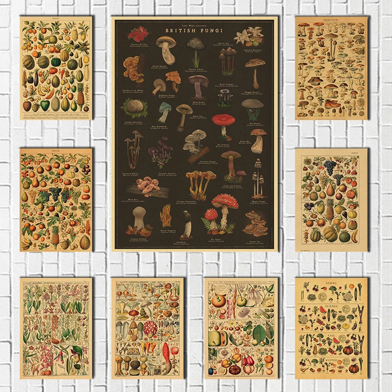 Botanical Illustration Kraft paper Poster Fruit Plants Flowers Prints Vintage Home Room Kitchen Garden Decor Art Wall Painting