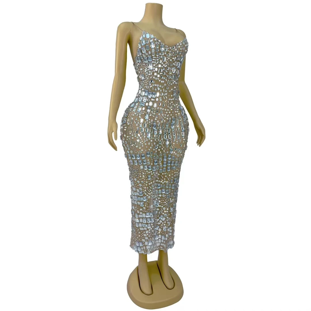 Rhinestones Long Dress Mesh Sexy Women Elegant Evening Party Birthday Dress Prom Stage Festival Drag Queen Costume Fangcun