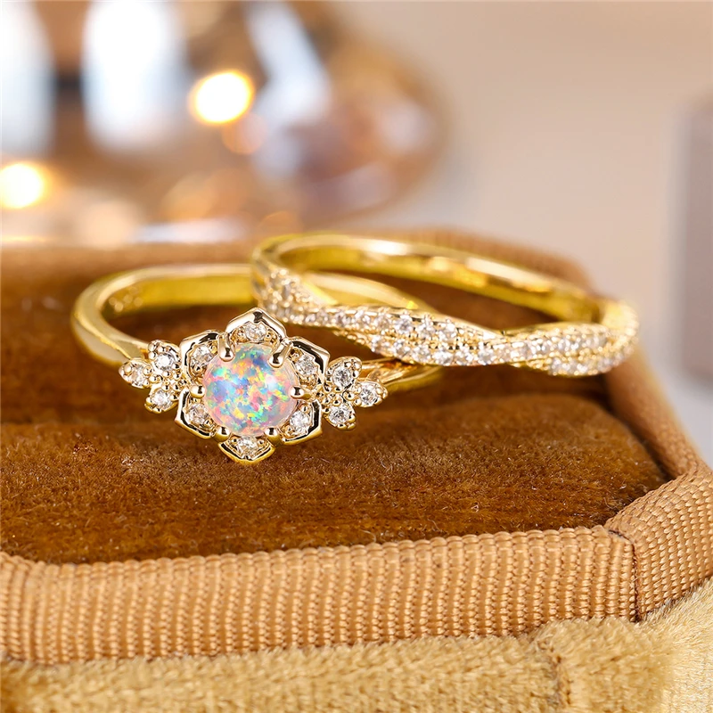 Cute Female White Fire Opal Flower Engagement Ring Set Yellow Gold Color Wedding Jewelry For Women