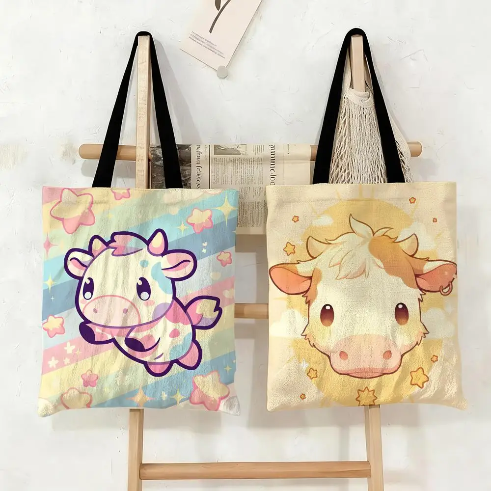 Cartoon Yak Animal Storage Bags Canvas Tote Bag Large Capacity Double-Sided Print Reusable Shopping Bag Shoulder Bag