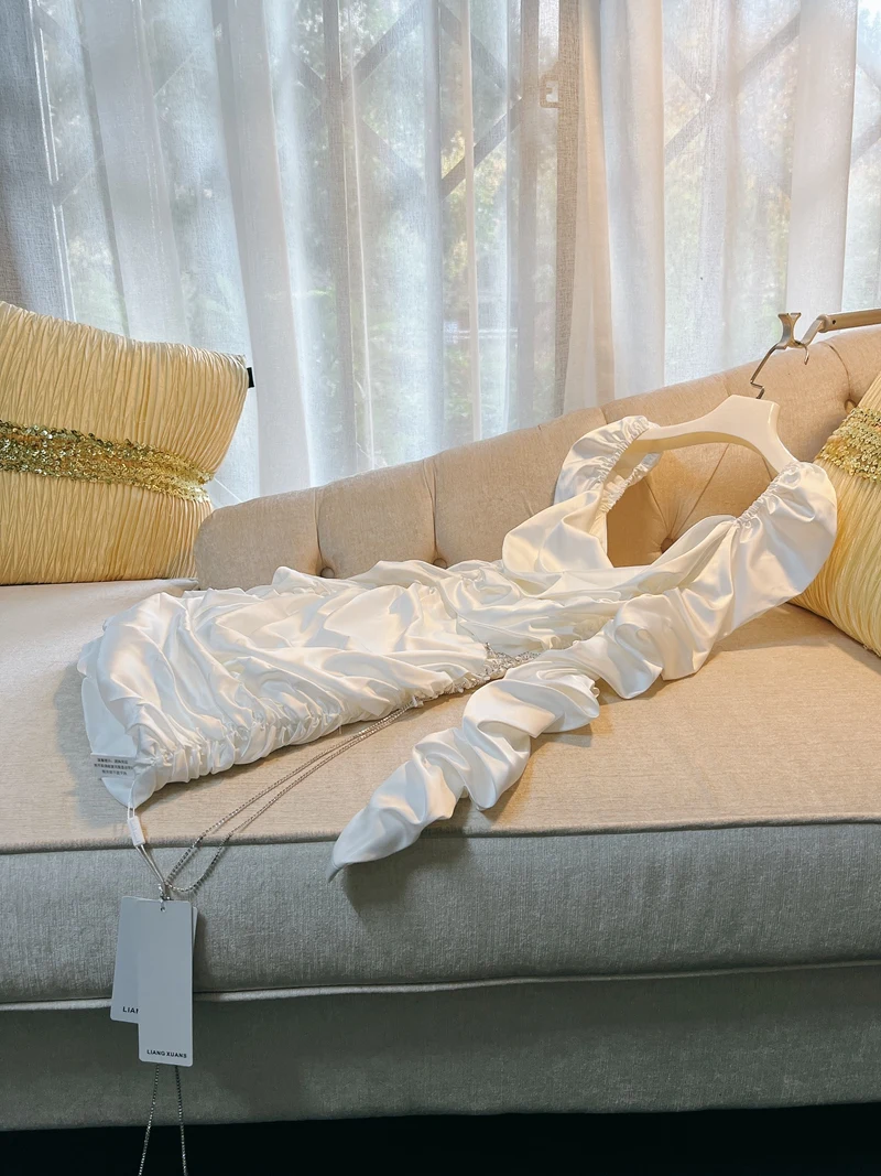 Witte uitgeholde tailleketting Diamond Thai Sexy Beach Vaion Dr Dames hoge taille ort Sve Zacht satijn A-lijn Dr