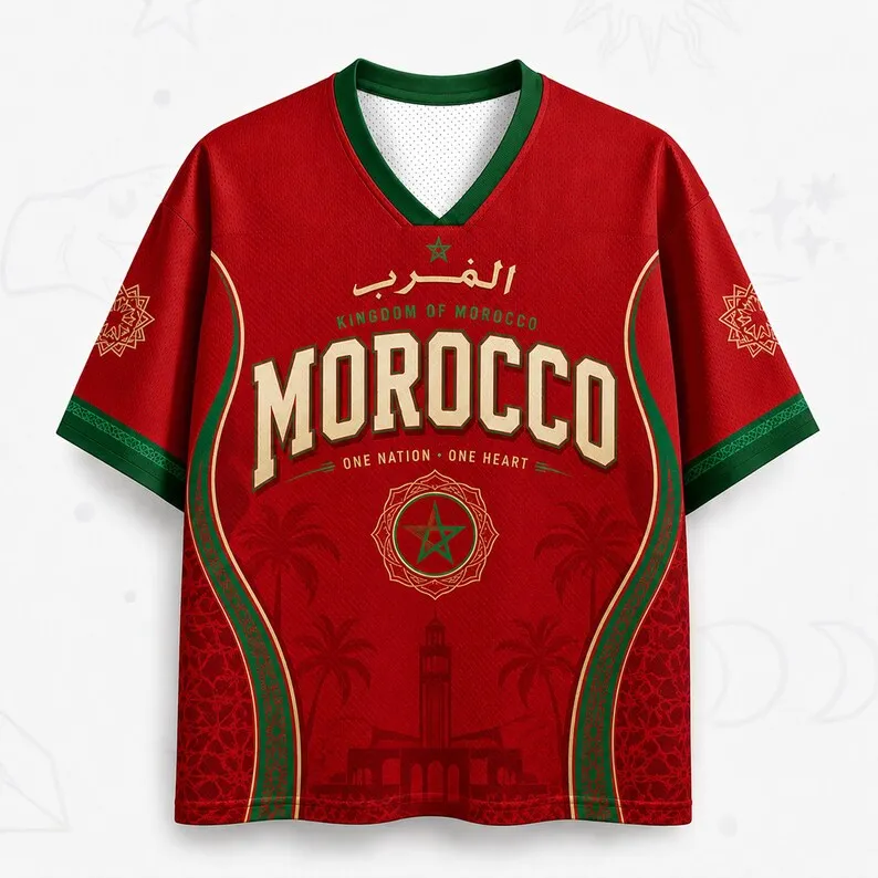 2026 Moroccan Fan Uniform Football Print Breathable V-neck Mesh Football T-shirt Is A Must-have for Fans