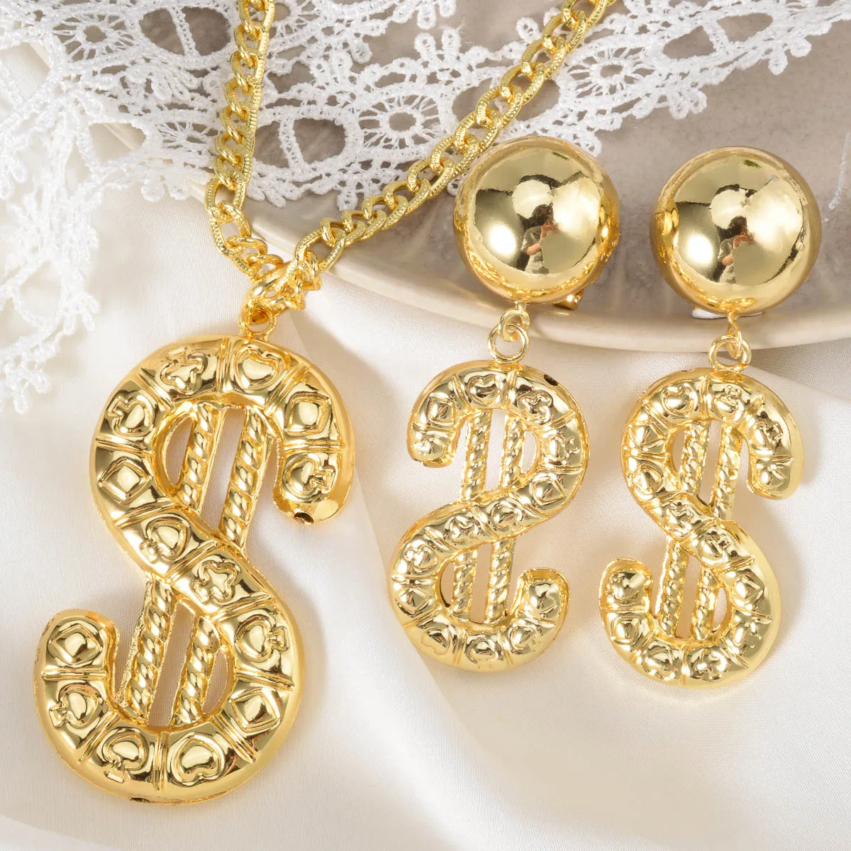 Money Copper Necklace And Earrings Set Dollar Sign 2pcs Set Fortune-generating Necklace Earrings Jewelry Accessories Gifts
