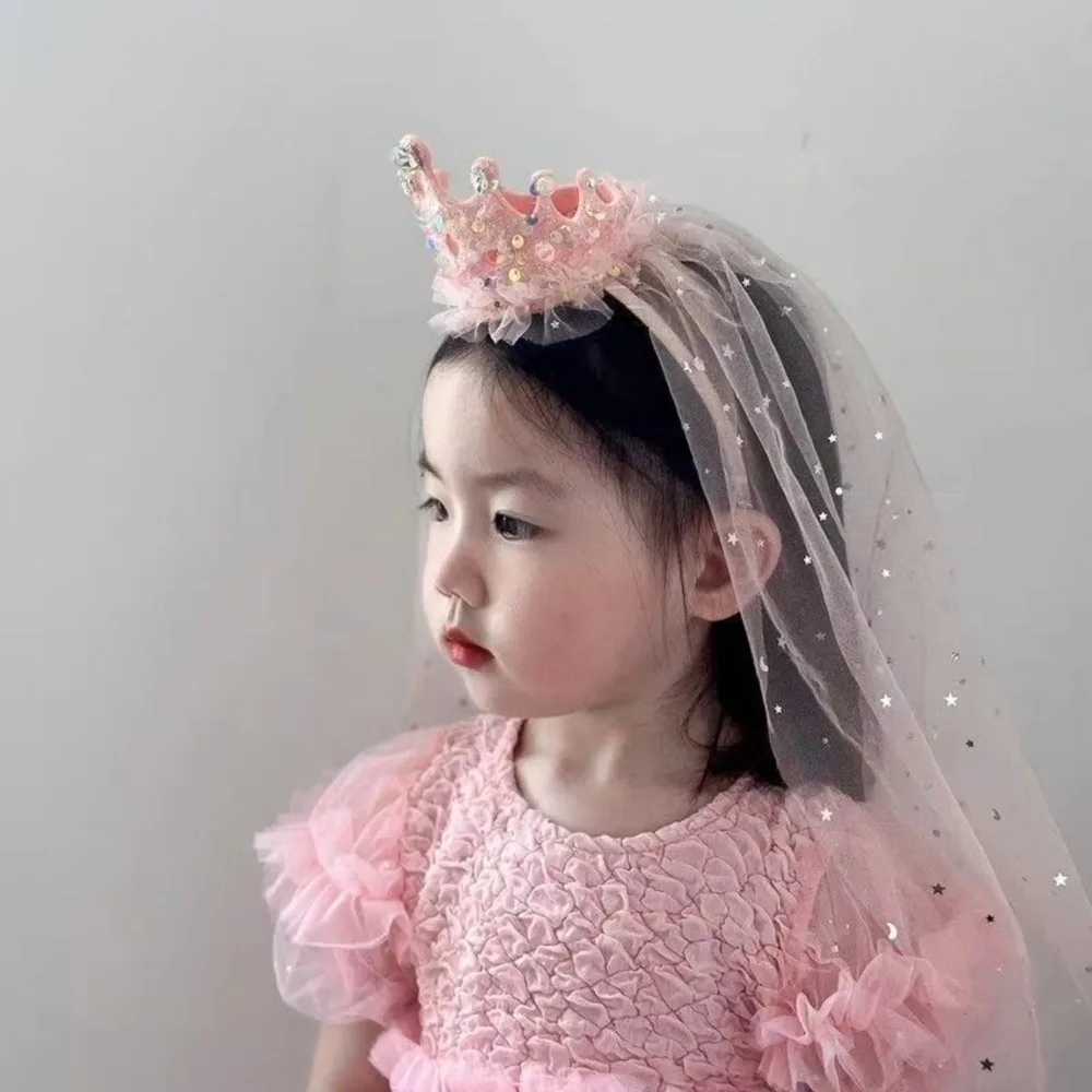 1PC Pink/White Sequin Princess Crown Veil Headband Sparkly Tulle Hair Accessory for Cute Girl's Party Dress up image 3