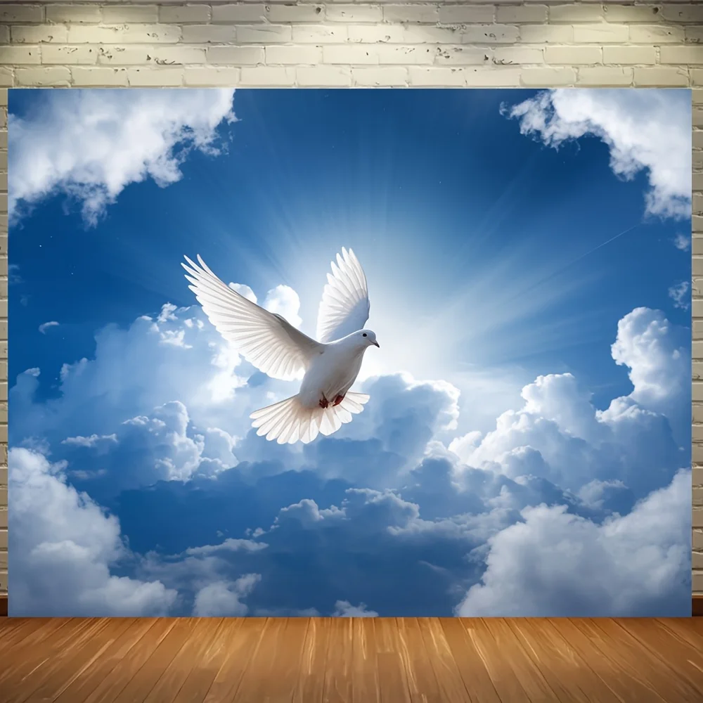 Spiritual Art Print Of Holy Dove With Radiant Light And Cloudy Sky Wall Art For Living Room Or Bedroom