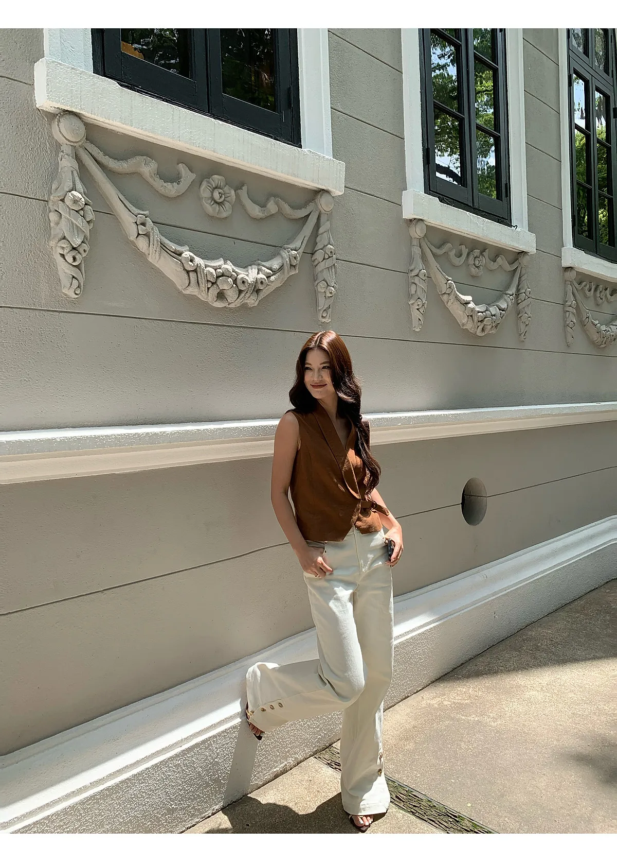 【MAR】 Women Summer White Straight Jeans Button Design Split Hem Draped Wide Leg Slim Casual Daily Pants