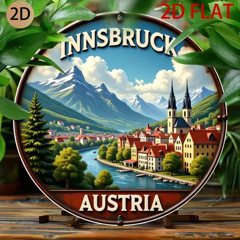 2D Flat, 2d Flat Circular Innsbruck Austria Logo Retro Metal Design Scenic Country Wall Art European-themed Decoration Suitable