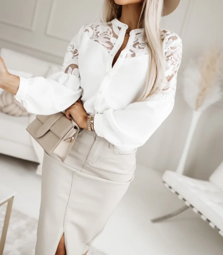 Women's Elegant Style Blouses 2024 Spring/summer Latest Solid Color Lace Patchwork Shirt V-Shaped Collar Long Sleeves Tops